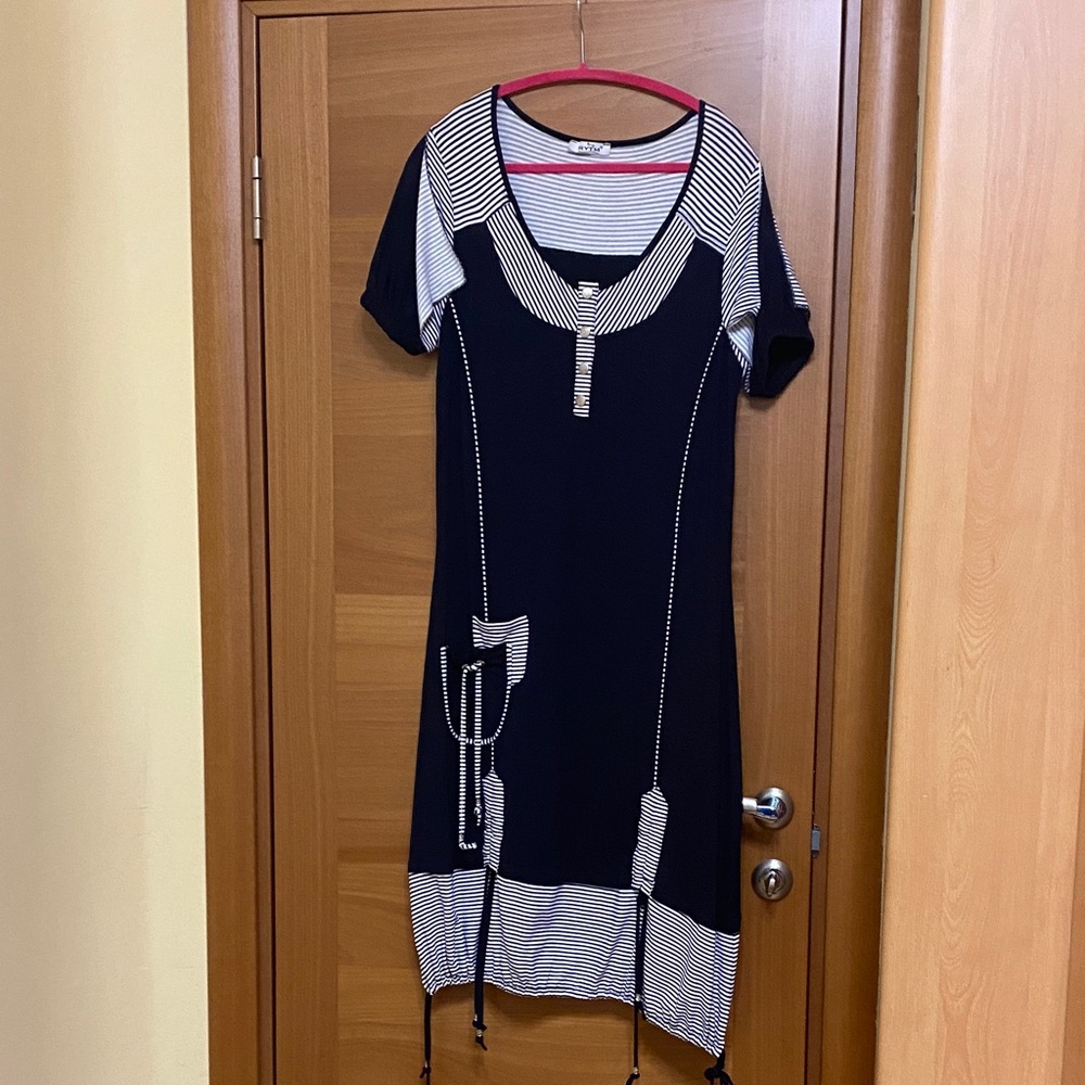 Elegant Blue and White Striped Dress. Size 44
